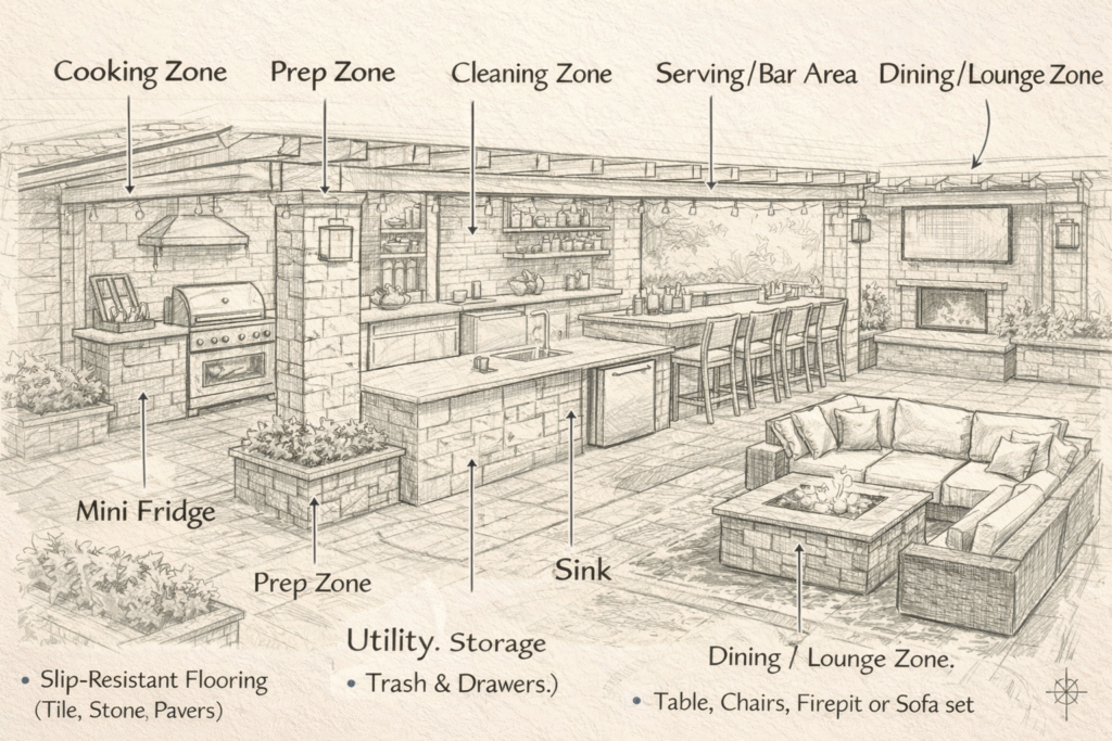 kitchen and entertaining area